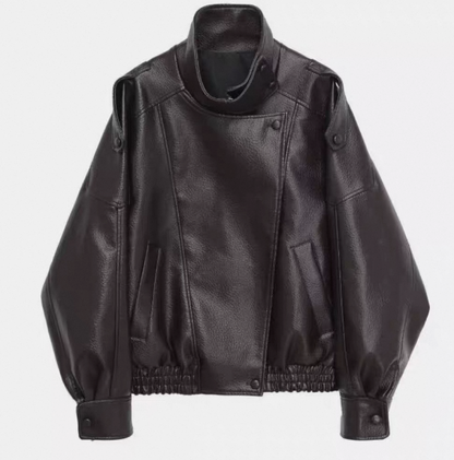Viral leather jacket with stand-up collar